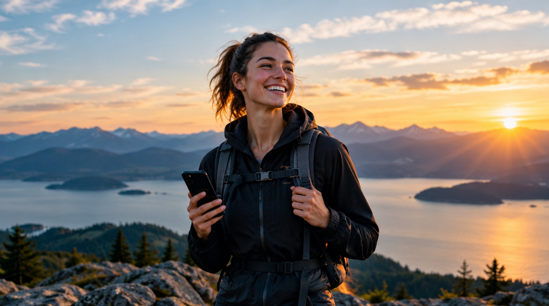 A hiker celebrating progress above a mountain lake at sunset