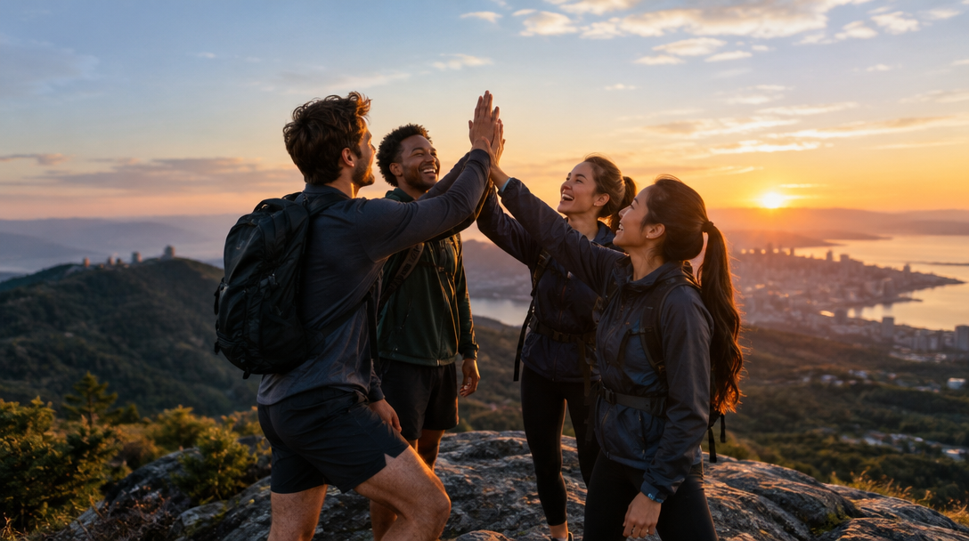 Friends celebrating together on a mountain overlook at sunset