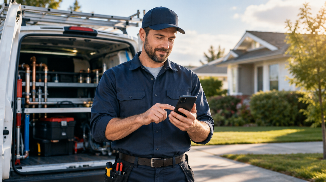 A plumber checking a phone beside a service van