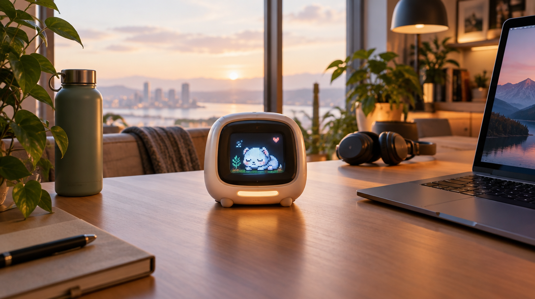 A cozy desk with FocusPet AI keeping watch during a work session