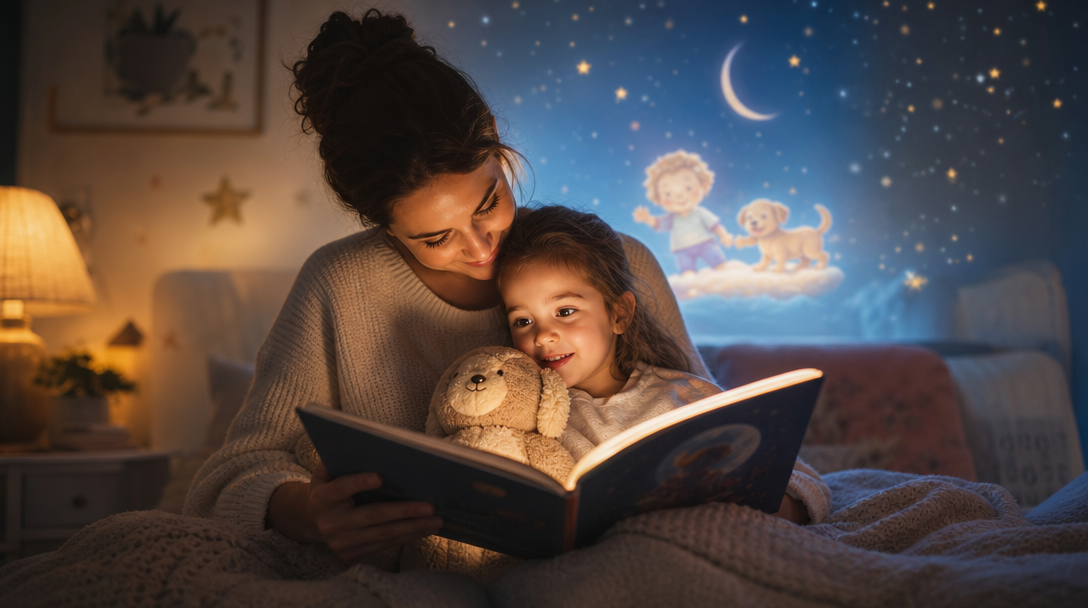 A child and fox discover a moonlit forest in a DreamTale story