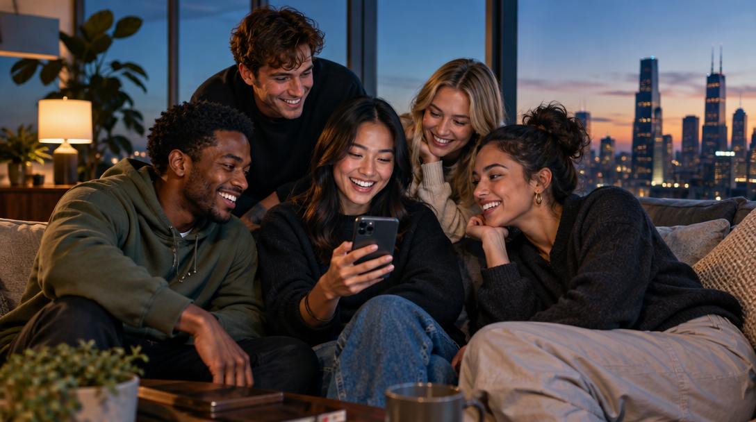 Friends sharing a moment around a phone at dusk