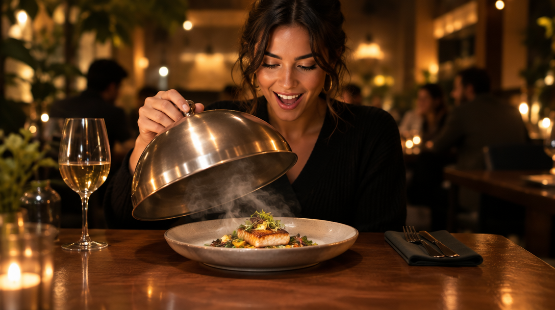 A PlateReveal mystery dish arriving under a serving cloche