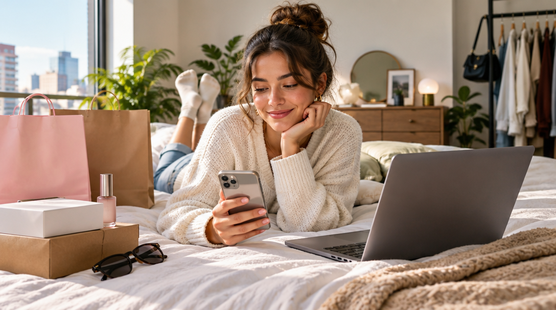 Shopper comparing fashion finds at home