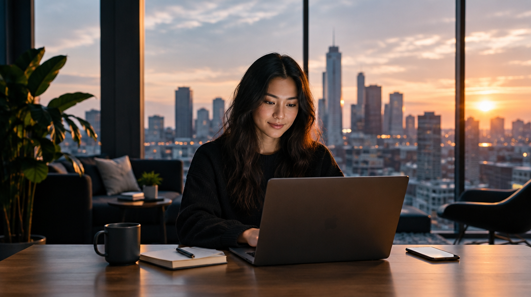 Entrepreneur working on her business above the city at dusk