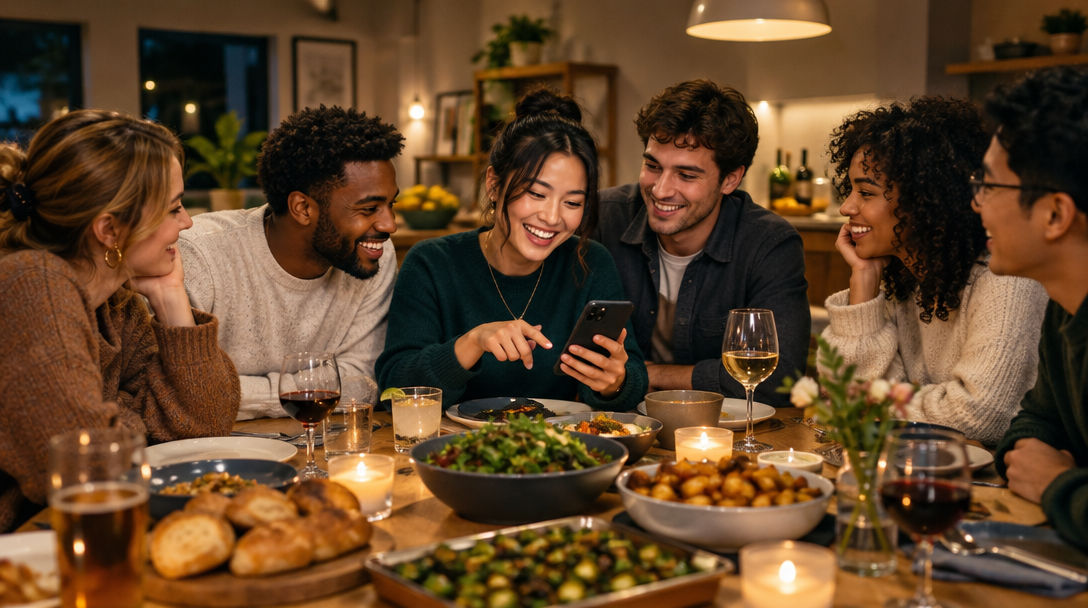 Friends sharing dinner over a candlelit table