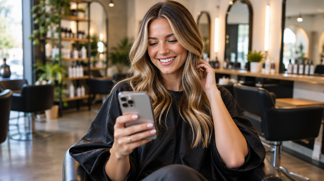 A salon client smiling at a review on her phone