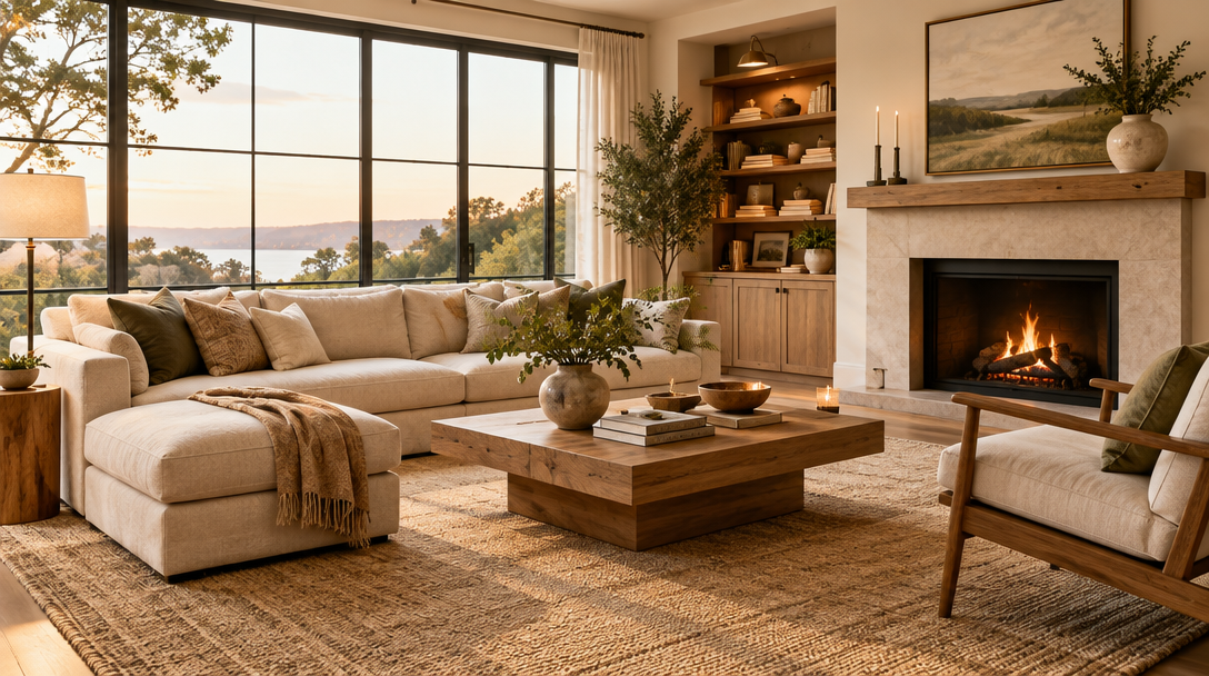 Warm organic modern living room with neutral seating and natural materials