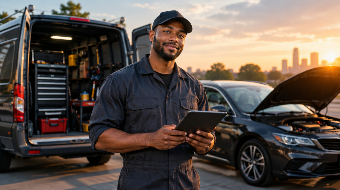 Automotive service professional reviewing a job beside a vehicle