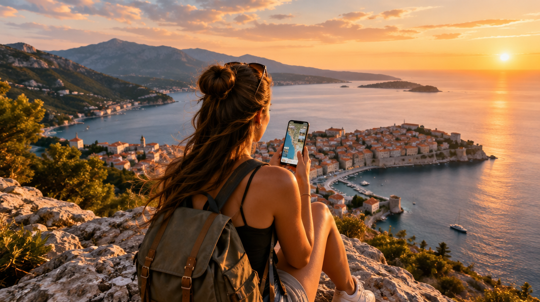A traveler remembering a coastal sunset with a personal map on her phone
