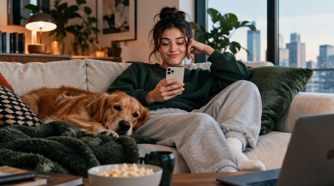 A SubRoast user checks a recurring charge from the couch with her dog.