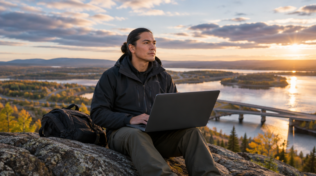 A person working outdoors with a laptop, overlooking a river and bridge at sunset