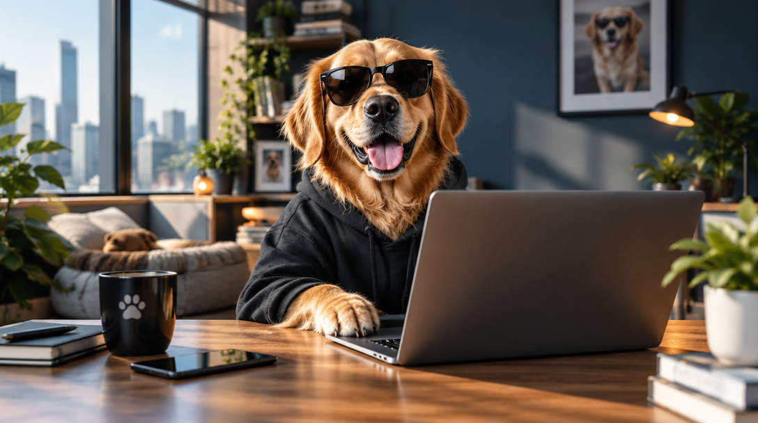 Golden retriever in sunglasses working at a laptop