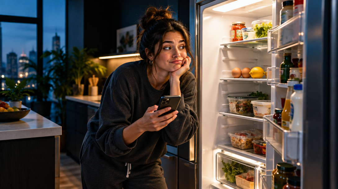 A person looking into an open fridge and deciding what to cook