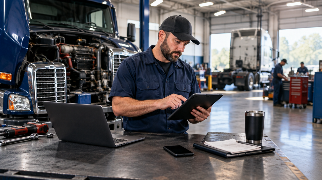 Diesel technician reviewing repair work in a heavy-duty shop