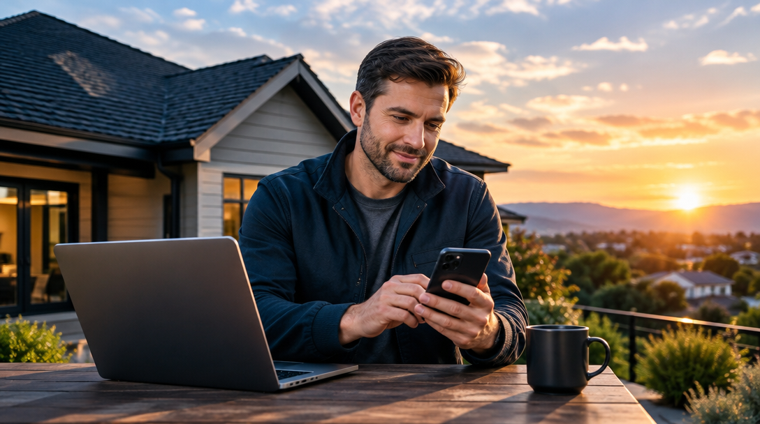 Homeowner reviewing a project outside a house at sunset