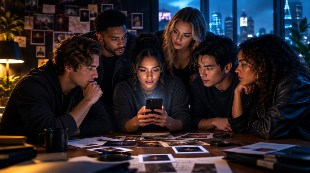Friends gather around a phone in a dim room