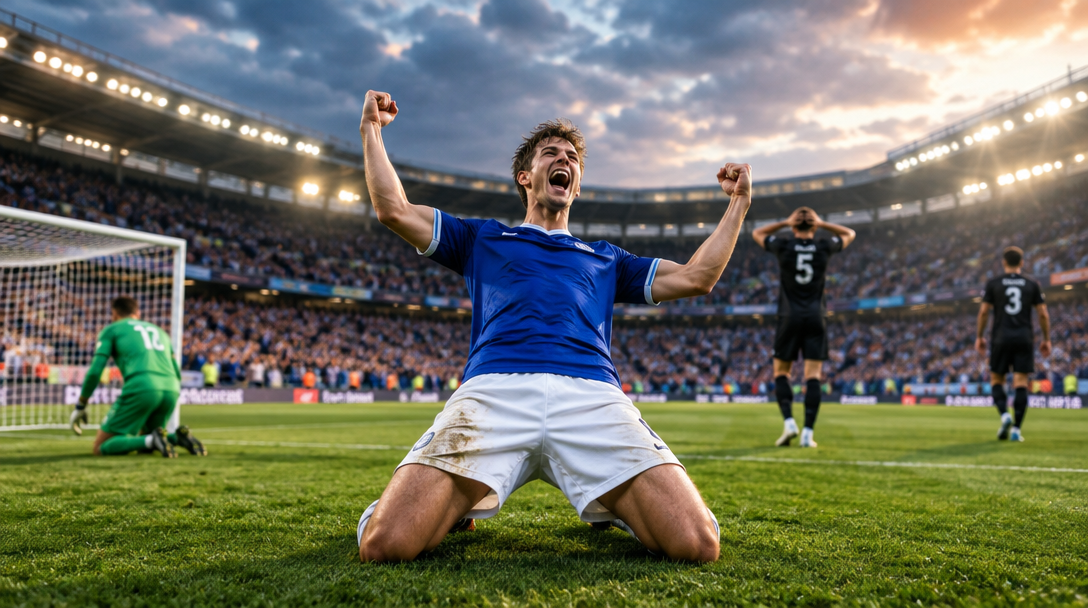 Footballer celebrating under the stadium lights