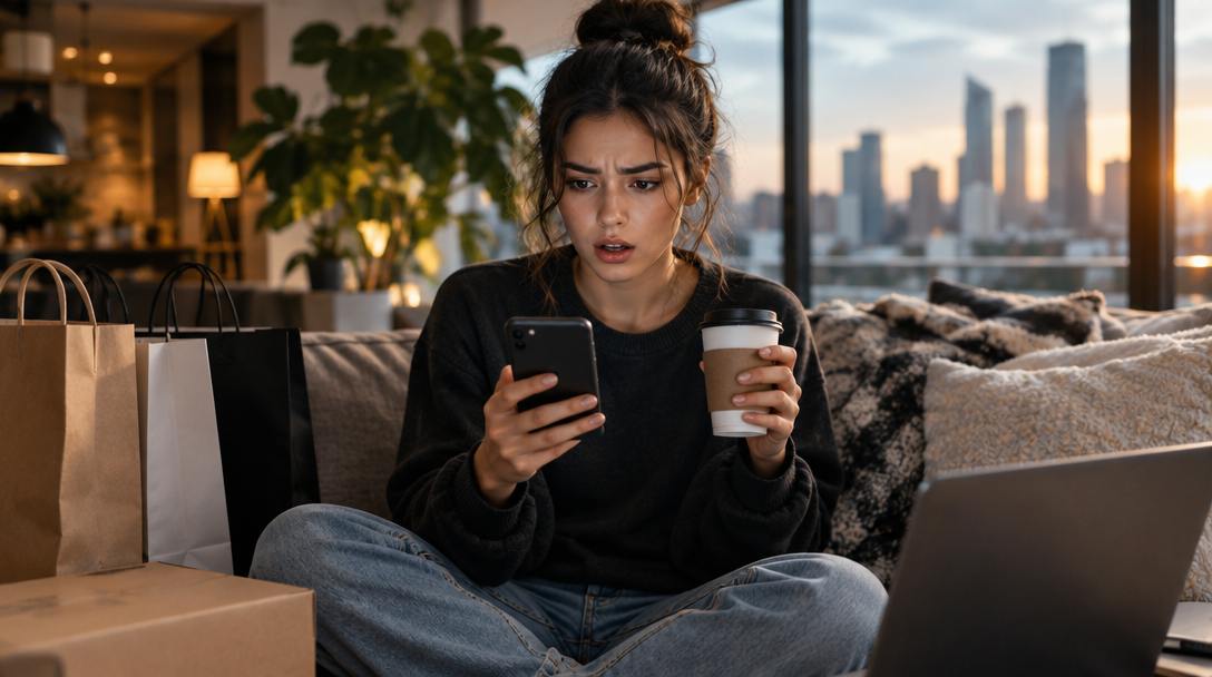 A shopper pauses over their phone, coffee in hand, with shopping bags nearby
