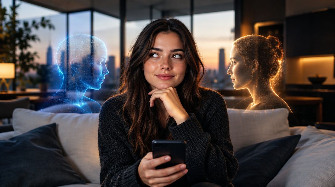 A person weighing the difference between a human and an AI response