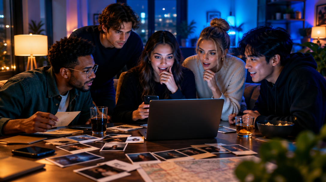 Friends leaning in over clues during a mystery game night