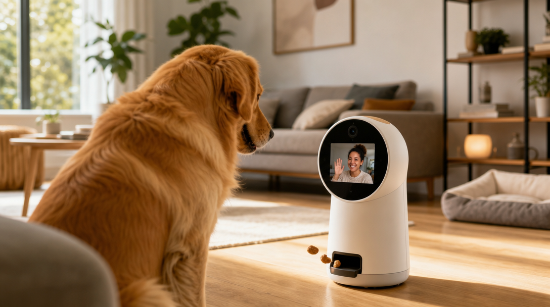 A happy dog looking toward the PawPing camera