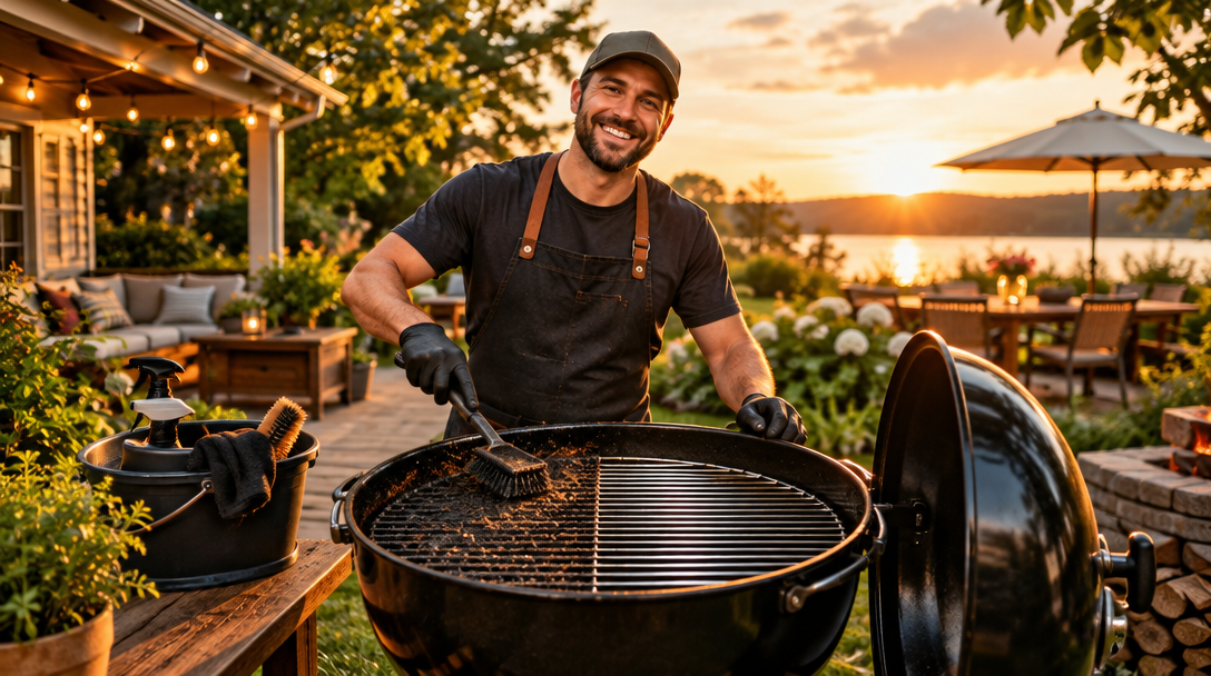 A GrillGlow pro deep-cleaning a backyard kettle grill at sunset