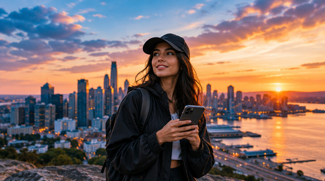 An explorer taking in a city at sunset