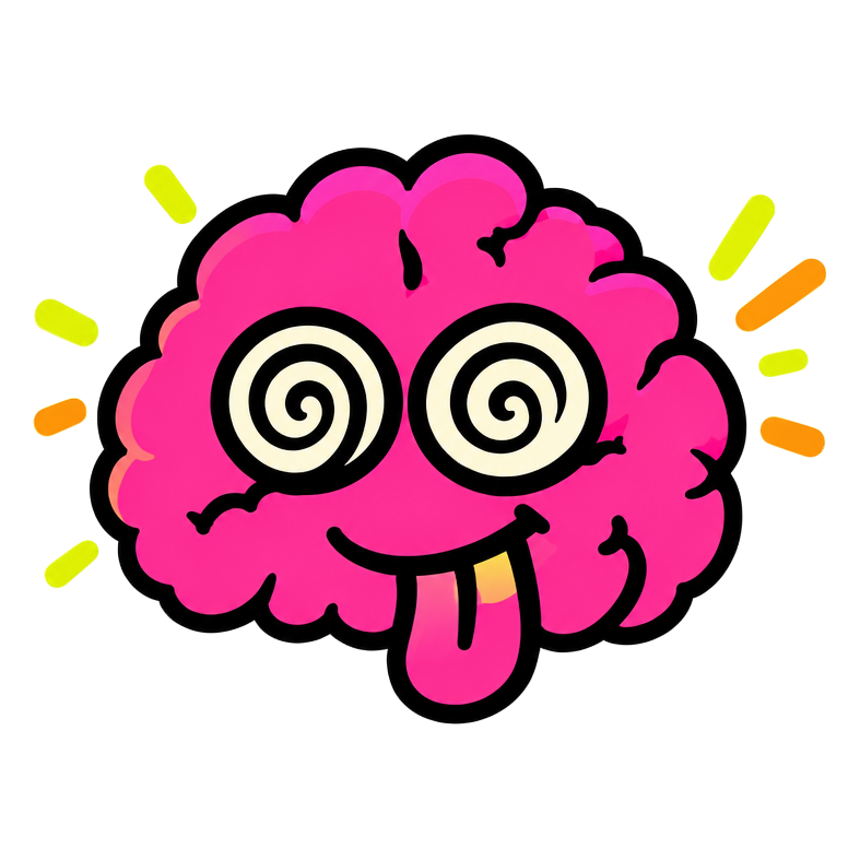 BrainBinge’s pink brain mascot with spiral eyes