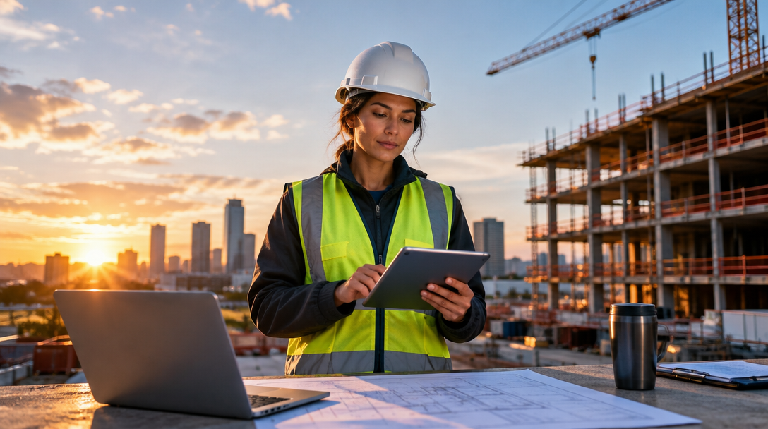 Contractor reviewing documents at a construction site at sunset