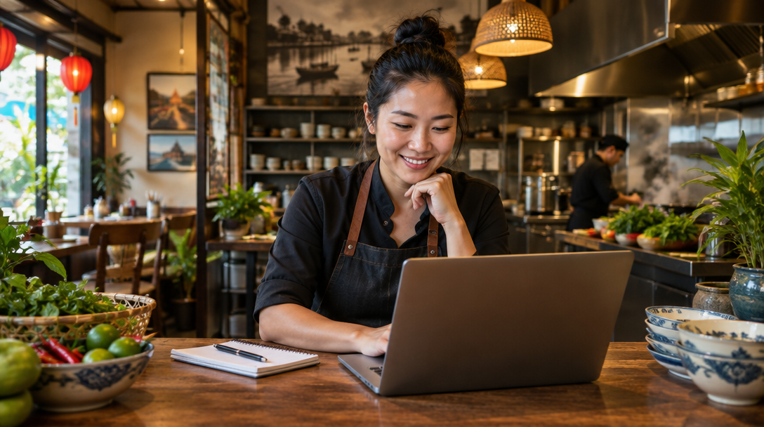 A restaurant owner reviewing her business at a laptop in the kitchen