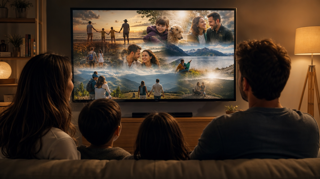 A family relaxing together at golden hour