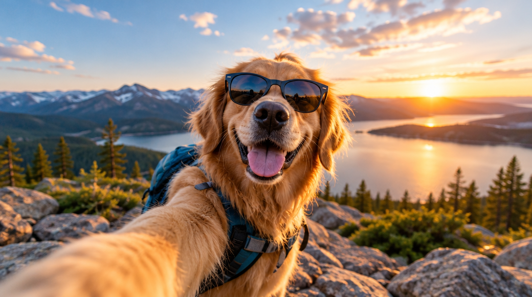 A golden retriever in sunglasses taking a sunset selfie in the mountains