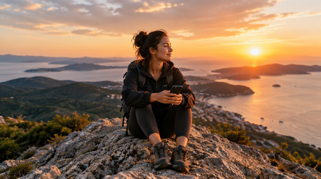 A traveler taking in the sunset above the coast