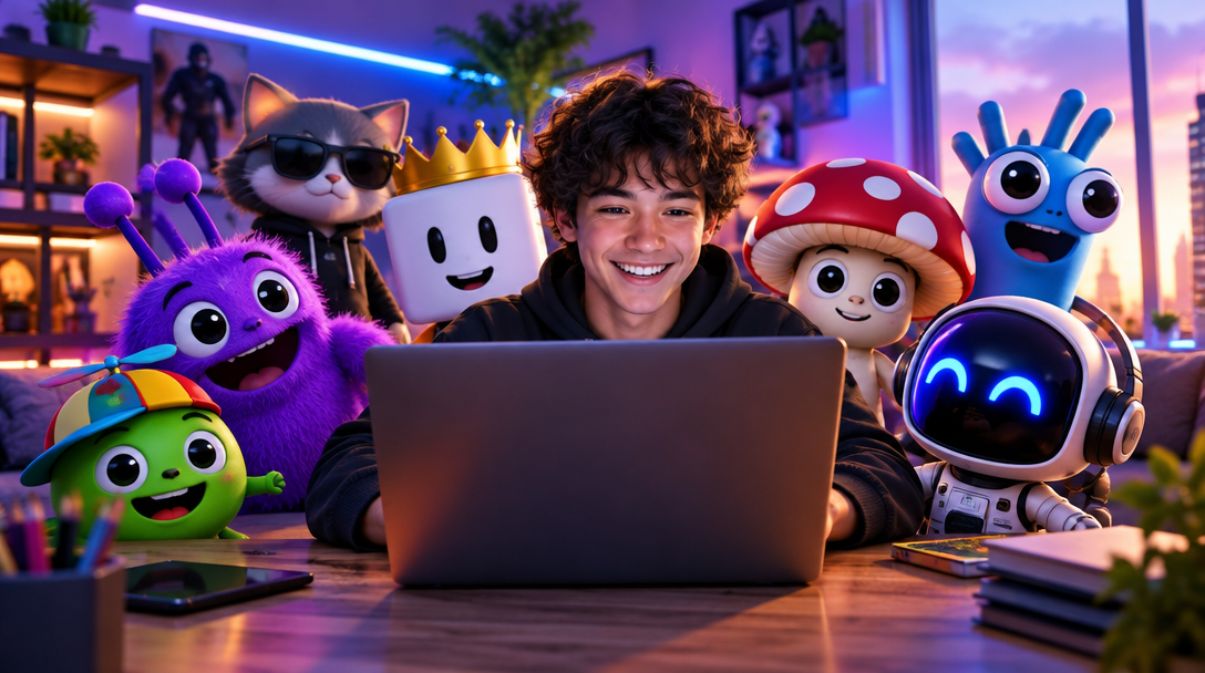 A playful 3D character world: colorful creatures with big eyes, hats, and headphones beside a creator