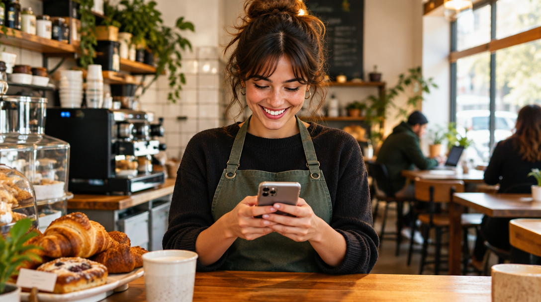 A café owner smiling at a recap on her phone
