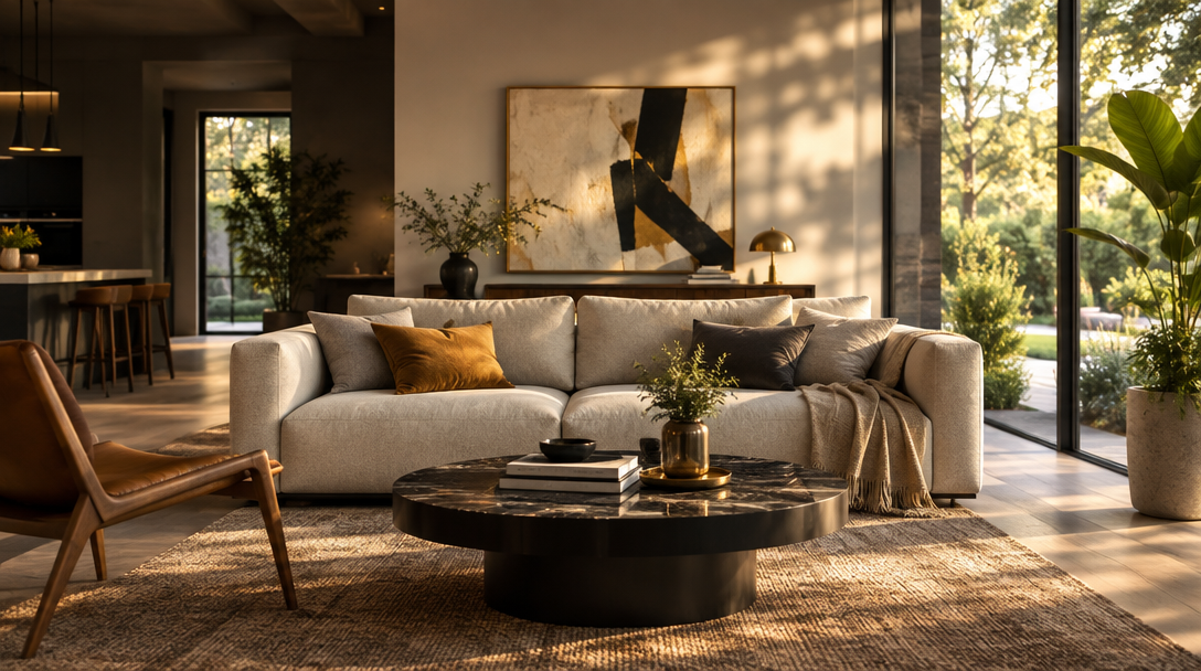 Sunlit contemporary living room with neutral furnishings and garden views