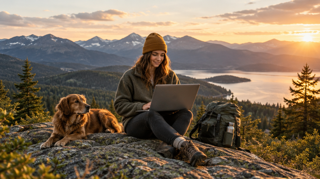 Working above a mountain lake at sunrise