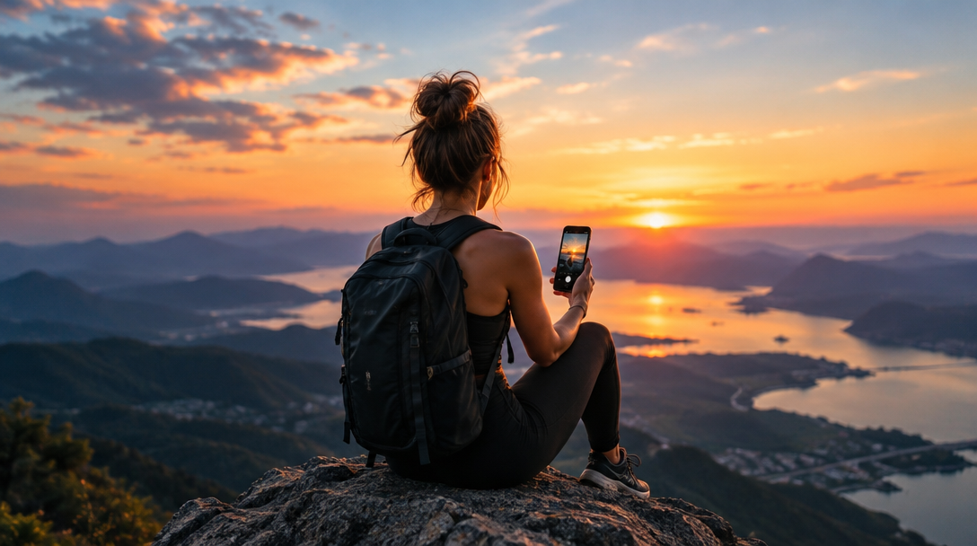 A builder pauses to capture the sunrise over a mountain landscape