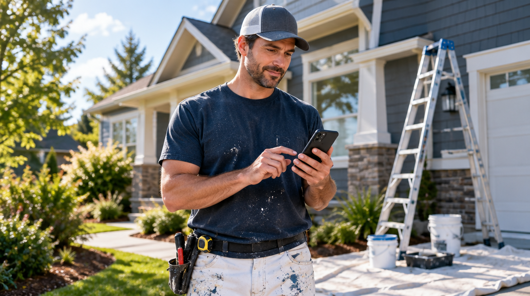 Painting contractor reviewing a job on a phone outside a home