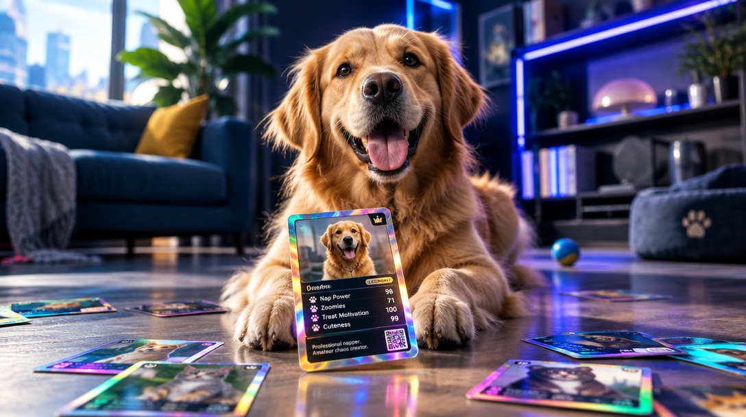A golden retriever surrounded by colorful collectible card artwork