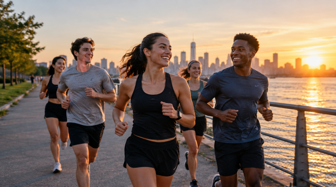 A small group of runners jogging together along a waterfront at sunset