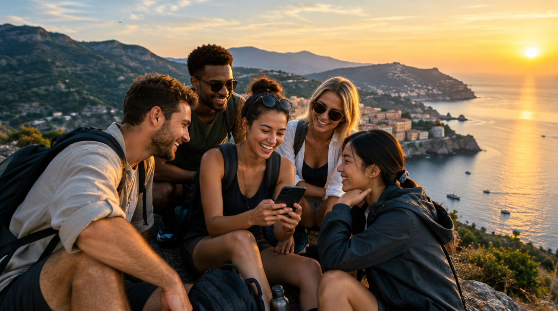 Friends sharing a sunset view on a group trip