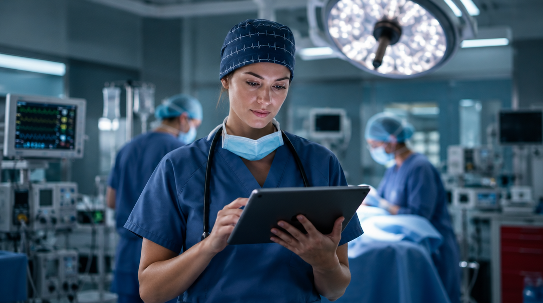 Person reviewing a tablet in an operating room setting
