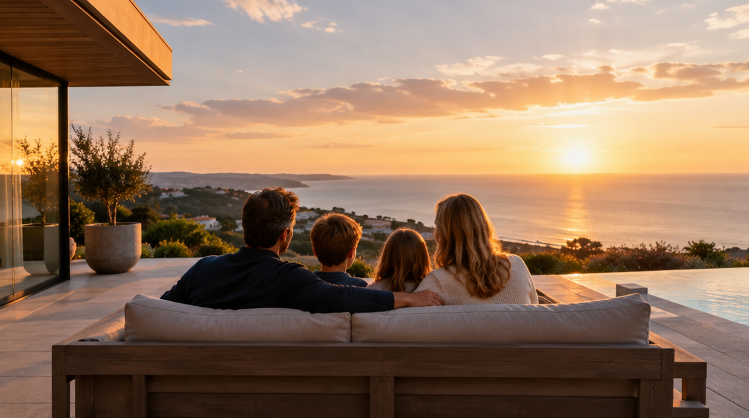 A family looking out across the coast at dusk