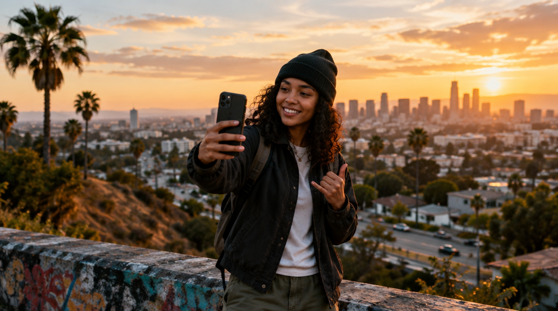 A neighbor filming their community from a city overlook at sunset