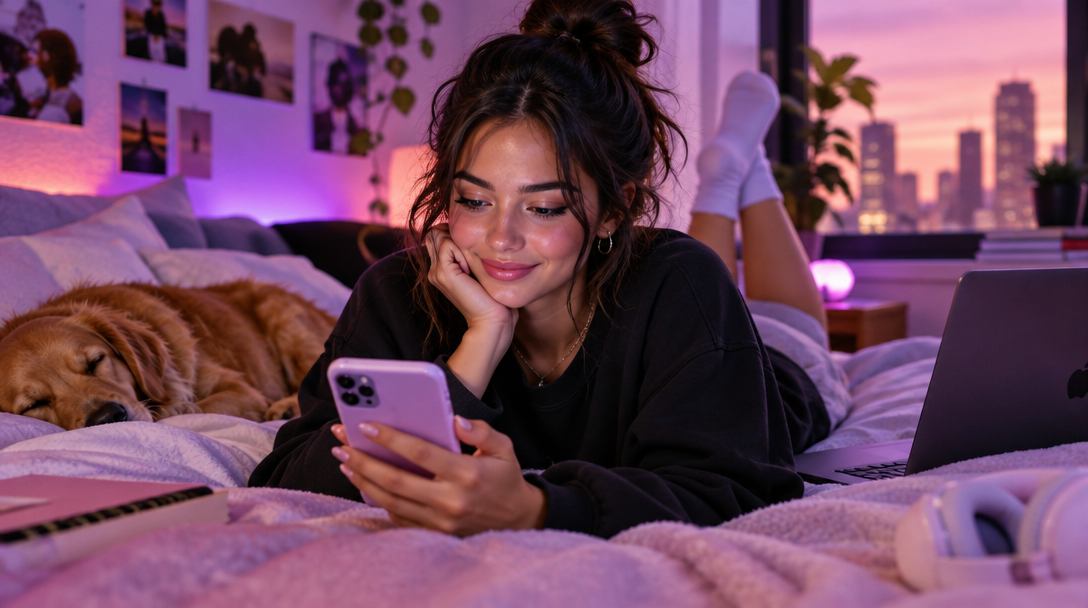 A woman smiling at a message on her phone