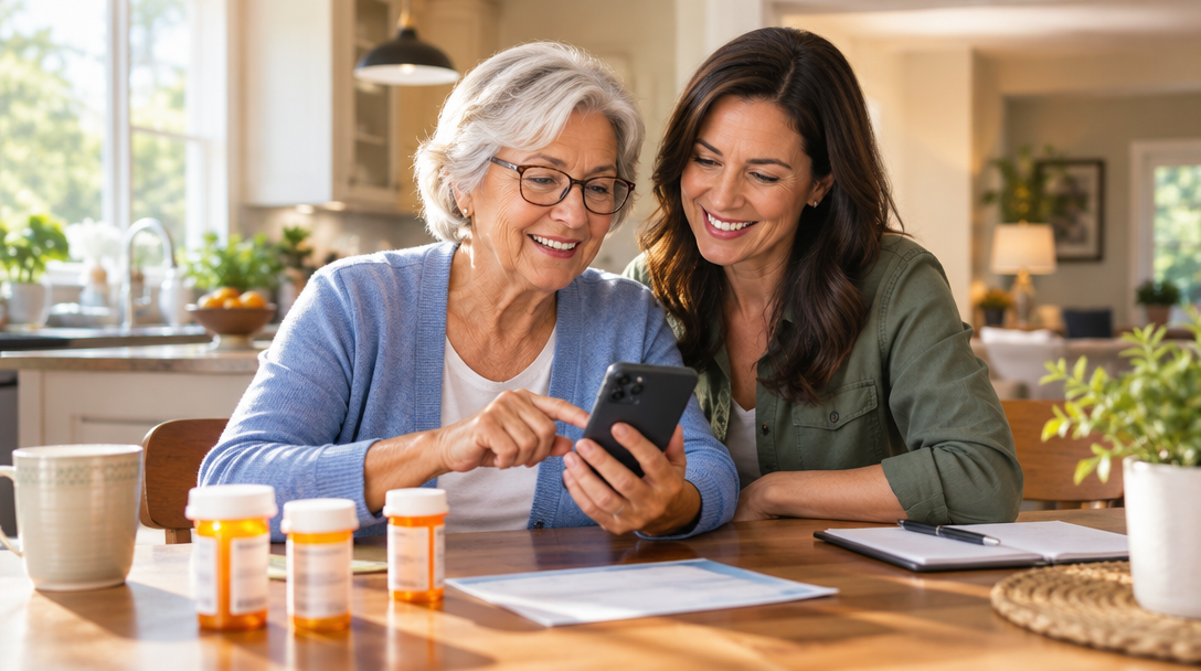 An older woman and her adult daughter looking at a phone together at home