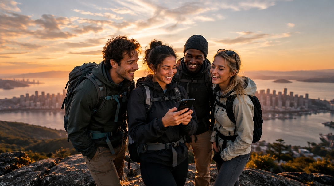 Friends sharing a moment together at sunset during an outdoor adventure.