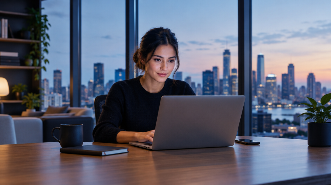 A person working at a laptop beside a city view